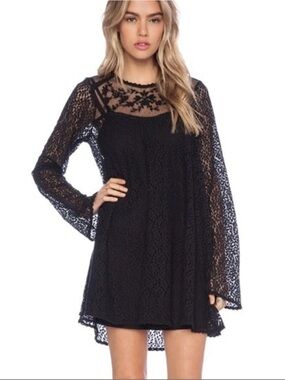 Free People Black Lace Long Sleeve Sheer Tunic Beading Boho 2000s Y2K babydoll